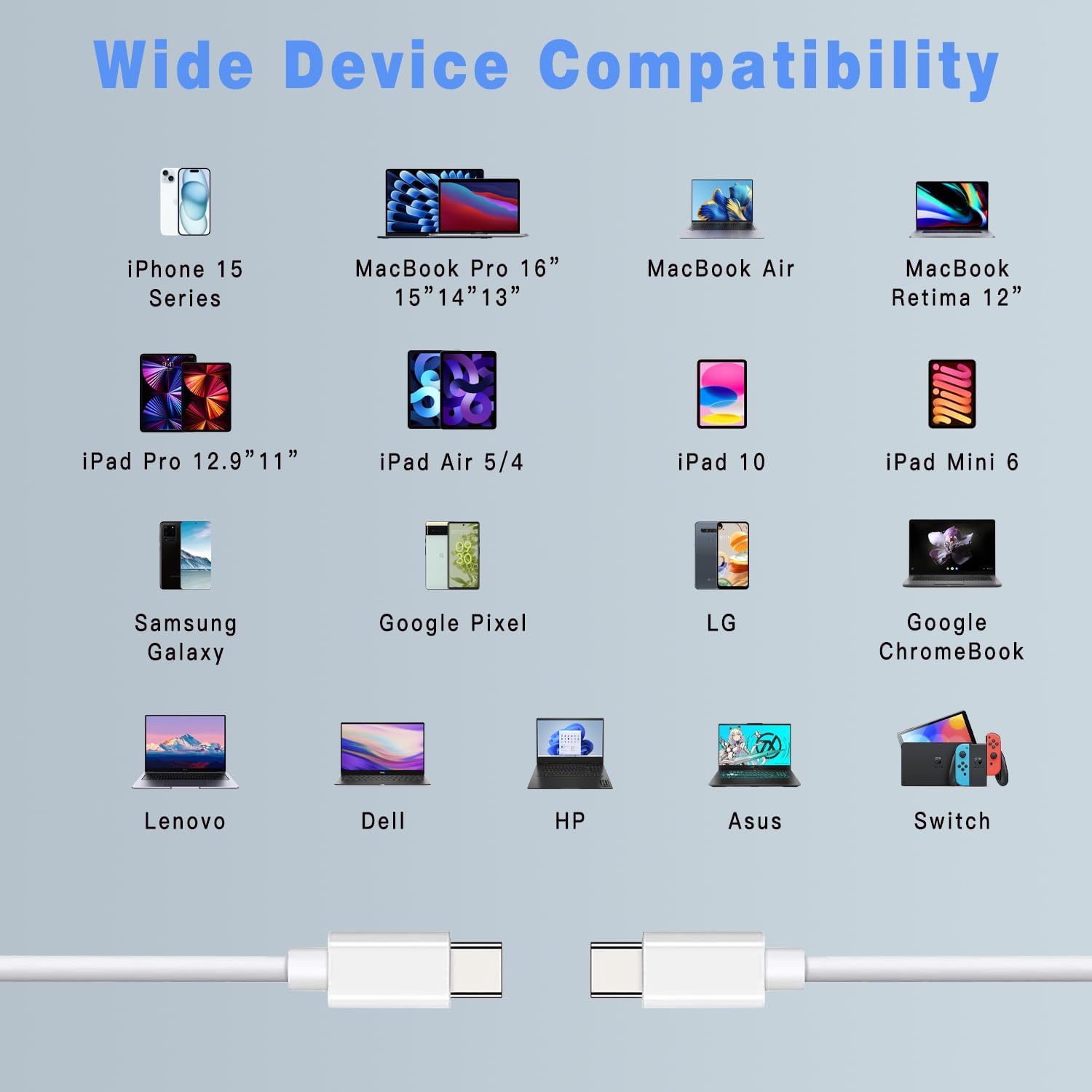 USB C to USB C Charger Cable 3Pack 6FT 60W Type C Fast Charging Cord Compatible with iPhone 15,MacBook Air/Pro,iPad Pro/Air,Samsung(White) - Image 5