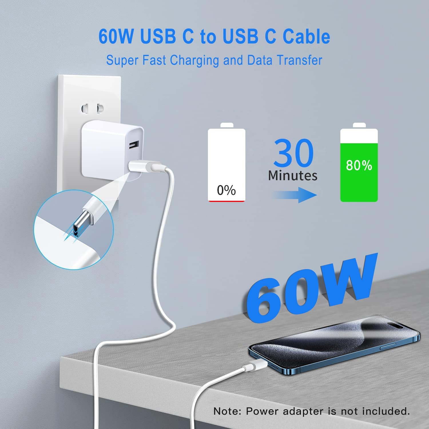 USB C to USB C Charger Cable 3Pack 6FT 60W Type C Fast Charging Cord Compatible with iPhone 15,MacBook Air/Pro,iPad Pro/Air,Samsung(White) - Image 2