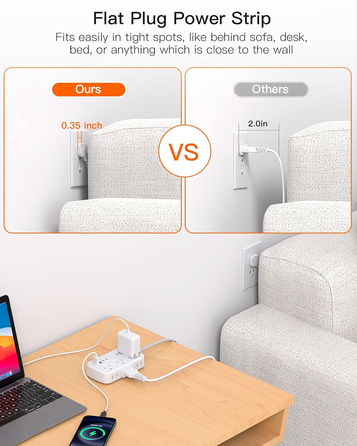 15FT Flat Extension Cord, Flat Plug Power Strip with USB C, Ultra Thin Flat Plug Extension Cord - 6 Outlets with 4 USB Ports(2 USB C Outlet), No Surge Protector for Dorm Room Travel Essentials - Image 3