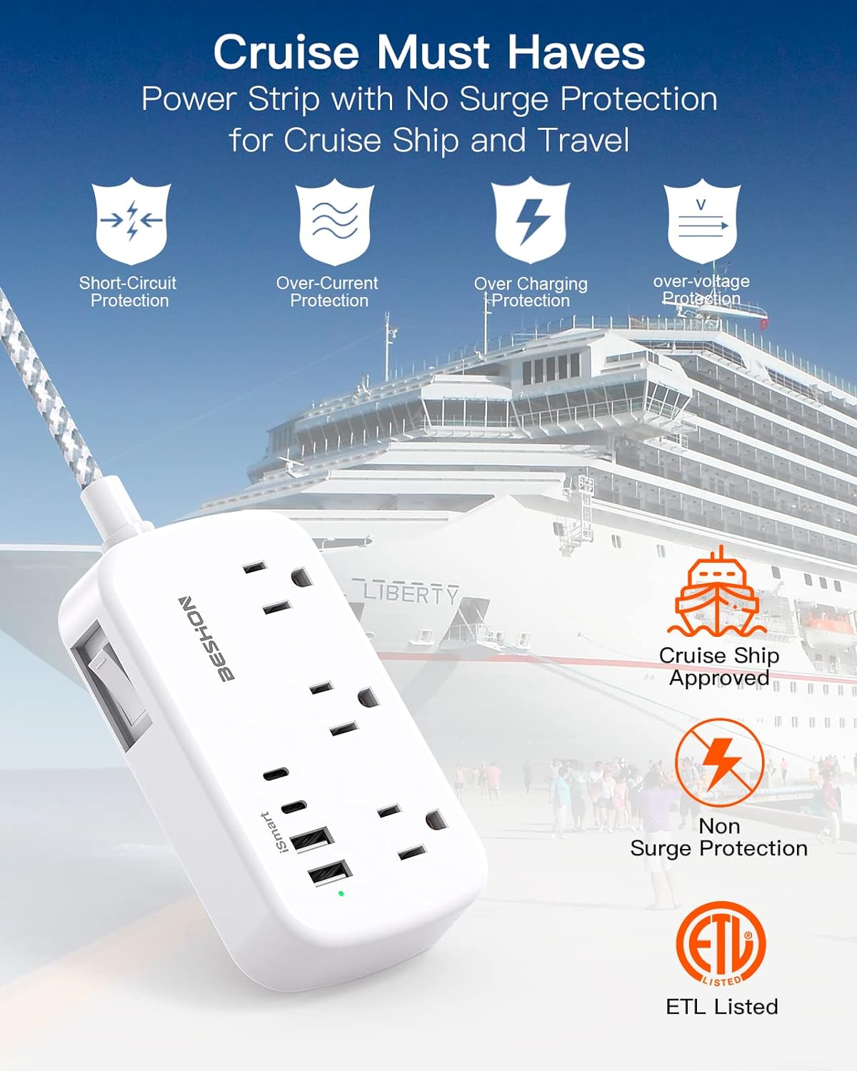 15FT Flat Extension Cord, Flat Plug Power Strip with USB C, Ultra Thin Flat Plug Extension Cord - 6 Outlets with 4 USB Ports(2 USB C Outlet), No Surge Protector for Dorm Room Travel Essentials - Image 6